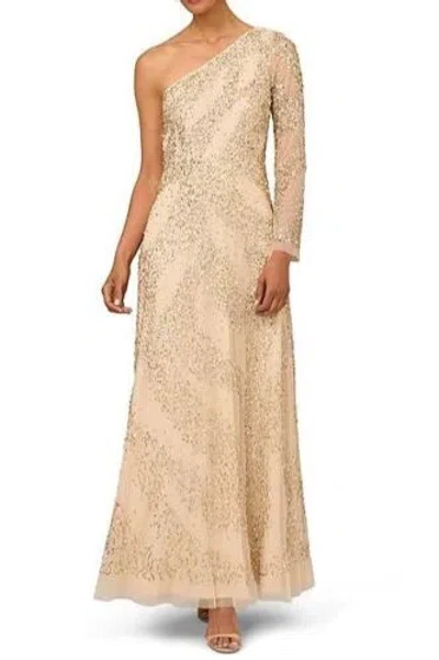 Pre-owned Aidan Mattox Light Gold Beaded One Shoulder Long Sleeve A-line Gown