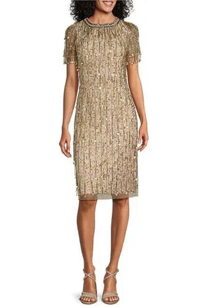 Pre-owned Aidan Mattox Light Gold Beaded Sequin Crew Neck Short Sleeve Dress