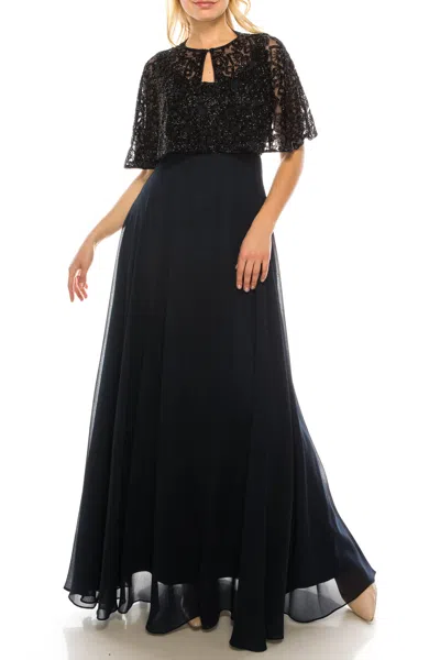 Aidan Mattox Long Formal Beaded Evening Cape Dress In Blue