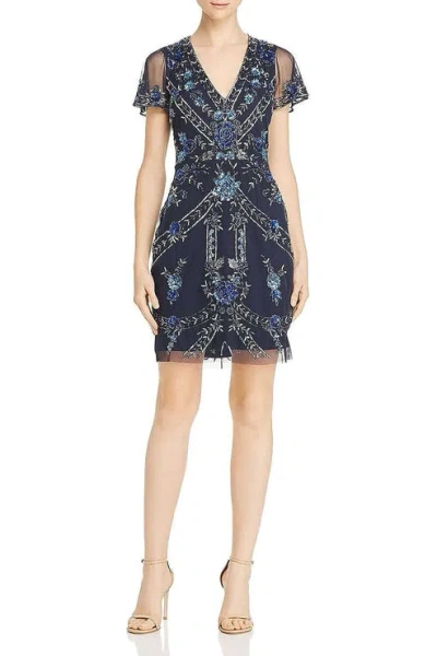 Aidan Mattox Md1e204369 Short Fitted Beaded Cocktail Dress In Blue