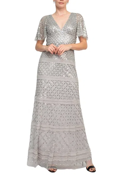 Aidan Mattox Md1e206559 Beaded Long Formal Evening Sequin Dress In Gray
