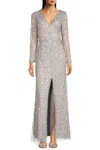 Aidan Mattox Md1e207720 Sequin Long Sleeve Formal Evening Dress In Silver