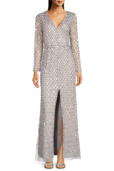 Aidan Mattox Md1e207720 Sequin Long Sleeve Formal Evening Dress In Silver