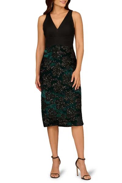 Aidan Mattox Md1e209715 V-neck Midi Sequin Cocktail Dress Chiffon Bodice In Black