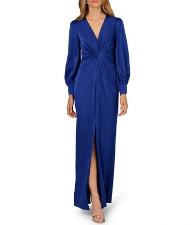 Aidan Mattox Md1e209750 Long Sleeve Formal Slit Evening Gown In Blue
