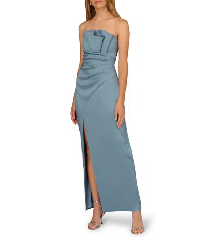 Aidan Mattox Md1e209772 Strapless Floor-length Satin Formal Front Slit Gown In Blue