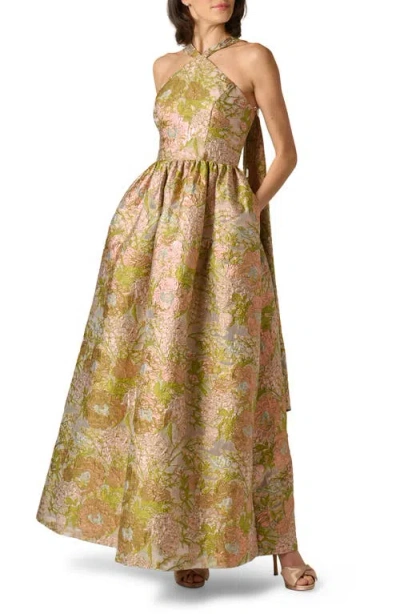 Aidan Mattox Metallic Floral Jacquard Halter Gown In Neutral