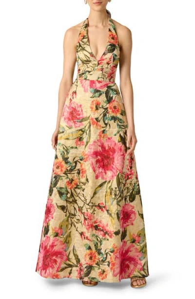 Aidan Mattox Metallic Floral Jacquard Halter Neck Gown In Multi