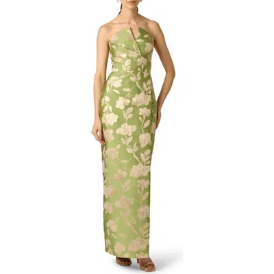 Aidan Mattox Metallic Floral Jacquard Strapless Column Gown In Green