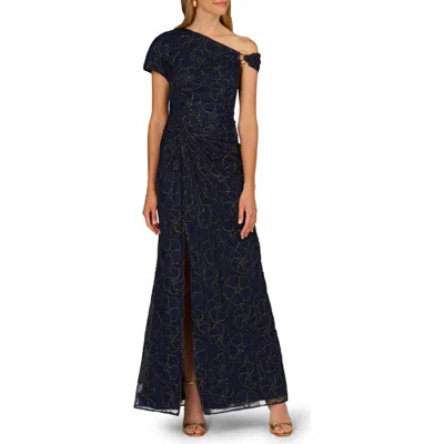 Aidan Mattox Metallic Floral One-shoulder Gown In Black