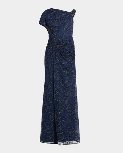Aidan Mattox Metallic Floral-embroidered Mesh Gown In Blue