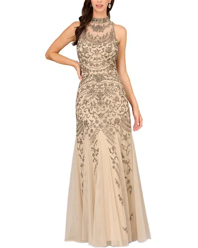 Aidan Mattox Mock Neck Embroidered Sleeveless Gown In Neutral