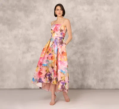 Aidan Mattox Multicolor Metallic Floral Print Jacquard High Low Gown With Pockets In Pink Multi