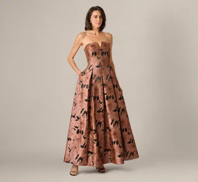 Aidan Mattox Notched Strapless Floral Jacquard Ballgown In Suntan In Brown