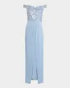 Aidan Mattox Off-shoulder Bead & Sequin Column Gown In Clear Water