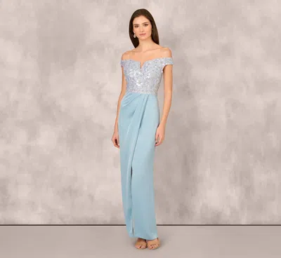 Aidan Mattox Off Shoulder Beaded Satin Combo Long Dress In Clear Water In Blue
