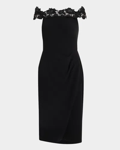 AIDAN MATTOX OFF-SHOULDER CREPE & LACE MIDI DRESS