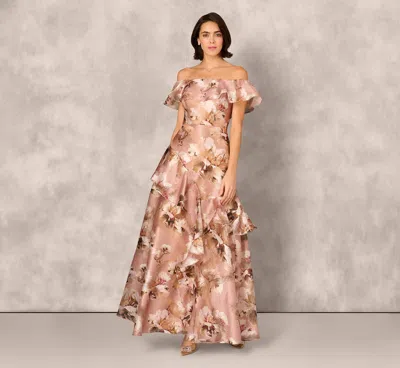 Aidan Mattox Off Shoulder Floral Jacquard Flounce Gown In Blush Multi