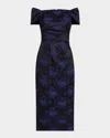 Aidan Mattox Off-shoulder Floral Jacquard Midi Dress In Black/blue