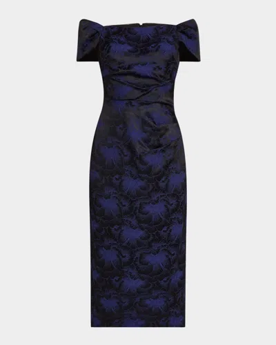 Aidan Mattox Off-shoulder Floral Jacquard Midi Dress In Black/blue