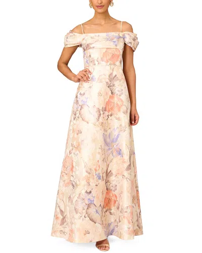 Aidan Mattox Off Shoulder Pleated Bodice Gown In Beige