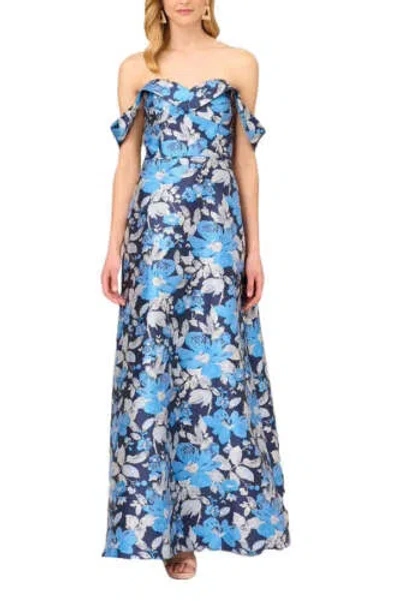 Pre-owned Aidan Mattox Off Shoulder Sweetheart Neck And Draped Off The Shoulder Zipper In Blue Multi