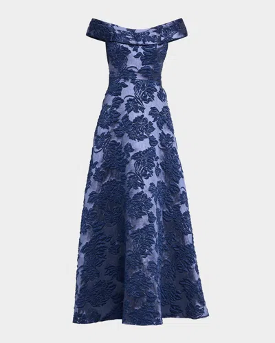 Aidan Mattox Off-shoulder Floral Jacquard Gown In Blue