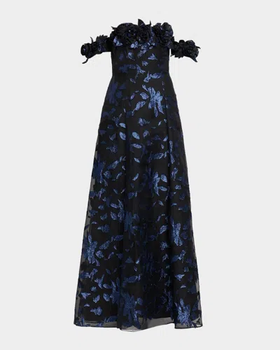 Aidan Mattox Off-shoulder Metallic Organza Jacquard Gown In Black