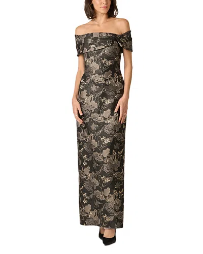 Aidan Mattox Off-the-shoulder Jacquard Gown In Gray