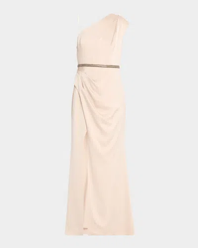 Aidan Mattox One-shoulder Draped Crepe Back Satin Gown In Light Gold