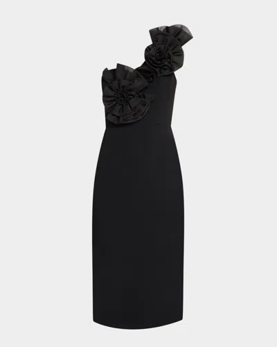 AIDAN MATTOX ONE-SHOULDER FLORAL APPLIQUE CREPE MIDI DRESS