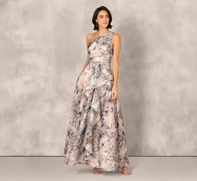 Aidan Mattox One Shoulder Floral Jacquard Ruffle Gown In Blue Multi