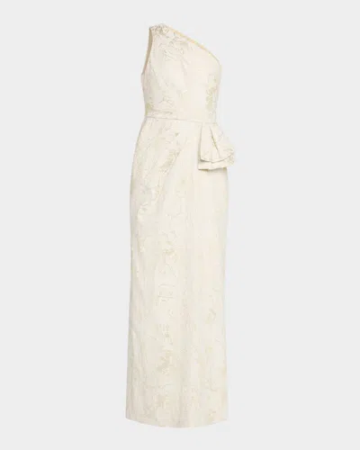 Aidan Mattox One-shoulder Metallic Jacquard Column Gown In Light Gold