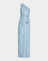 Aidan Mattox One-shoulder Metallic Jacquard Column Gown In Tropez Blue
