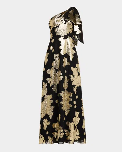Aidan Mattox One-shoulder Metallic Jacquard Gown In Black Gold