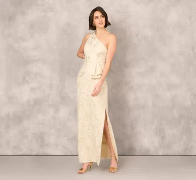 Aidan Mattox One Shoulder Metallic Stretch Jacquard Column Gown In Light Gold