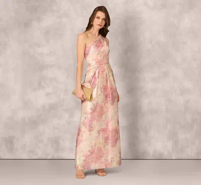 Aidan Mattox One Shoulder Pleated Jacquard Column Gown In Pink Multi