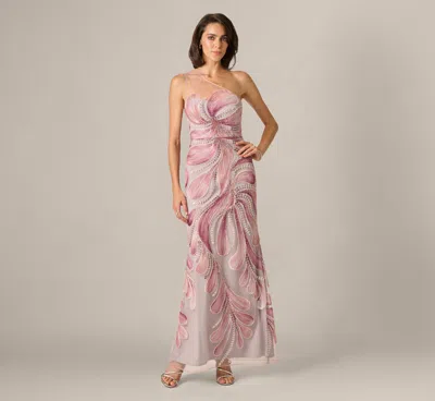 Aidan Mattox One Shoulder Soutache Petal Beaded Illusion Gown In Pink Multi