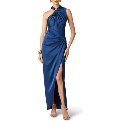 Aidan Mattox Satin Asymmetrical Draped Hardware Halter Gown In Blue