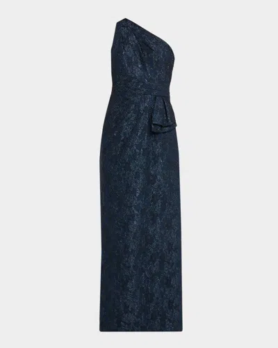 Aidan Mattox One-shoulder Metallic Jacquard Column Gown In Blue