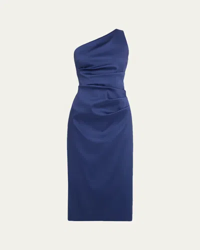 Aidan Mattox One-shoulder Stretch Mikado Midi Dress In Blue