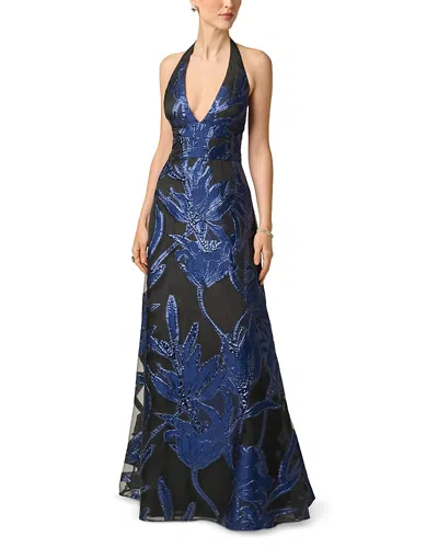 Aidan Mattox Organza Jacquard Plunge Neck Long Gown In Navy/black