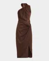 Aidan Mattox Pleated Bodycon Crepe Back Satin Midi Dress In Brown