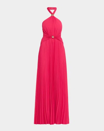 Aidan Mattox Pleated Chiffon Hardware Halter Gown In Pink Cherry