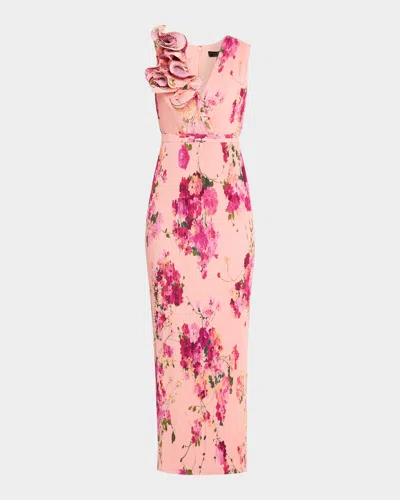 Aidan Mattox Pleated Floral-print Crepe De Chine Gown In Multi