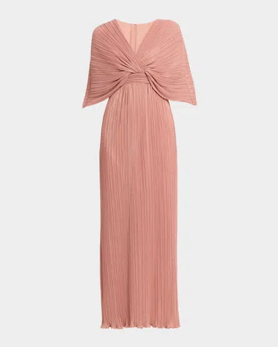 Aidan Mattox Pleated Metallic Chiffon Column Gown In Pink