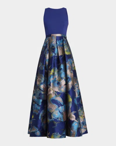 Aidan Mattox Pleated Metallic Floral Jacquard Gown In Blue/yellow Multi