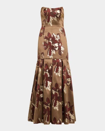 Aidan Mattox Pleated Metallic Floral Jacquard Mermaid Gown In Brown Multi