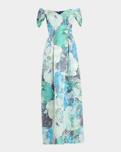 Aidan Mattox Pleated Off-shoulder Floral Jacquard Gown In Blue Multi
