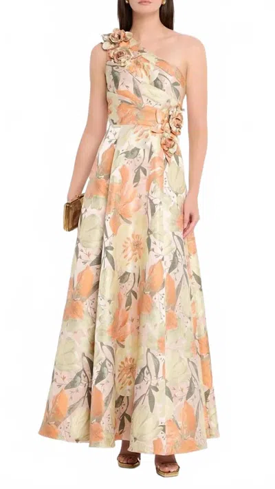Aidan Mattox Pleated One Shoulder Floral Jacquard Gown In Coral Multi In Pink